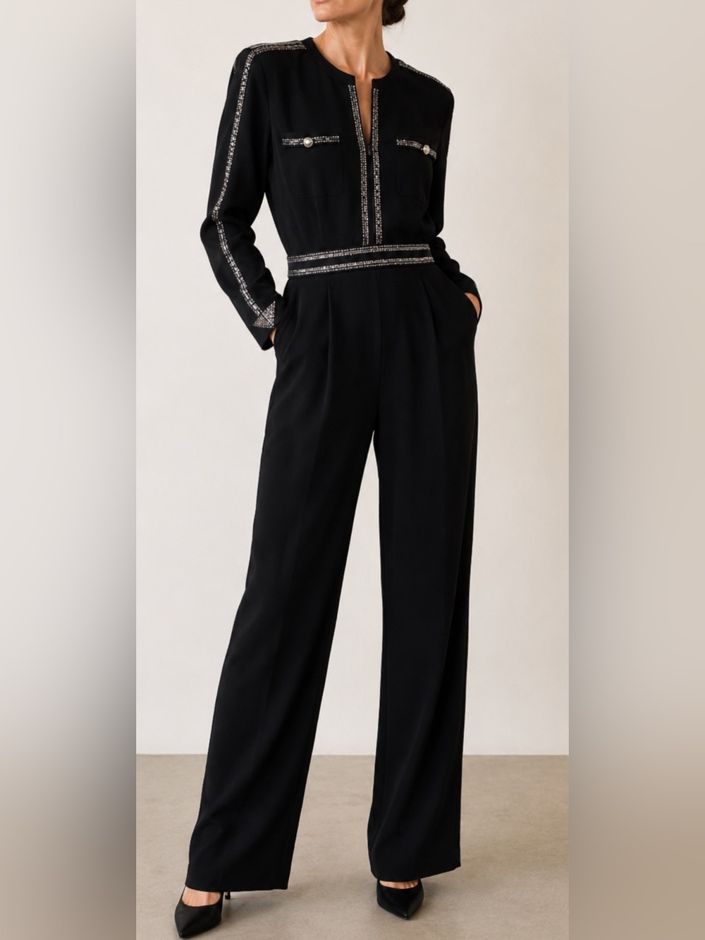 St. John Marie Gray Santana Knit Rhinestone Black Jumpsuit Size 4 USA